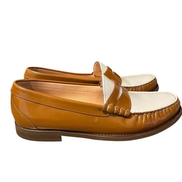 J. Crew Patent Leather Two-Tone Penny Loafers Brown White - Picture 2 of 7